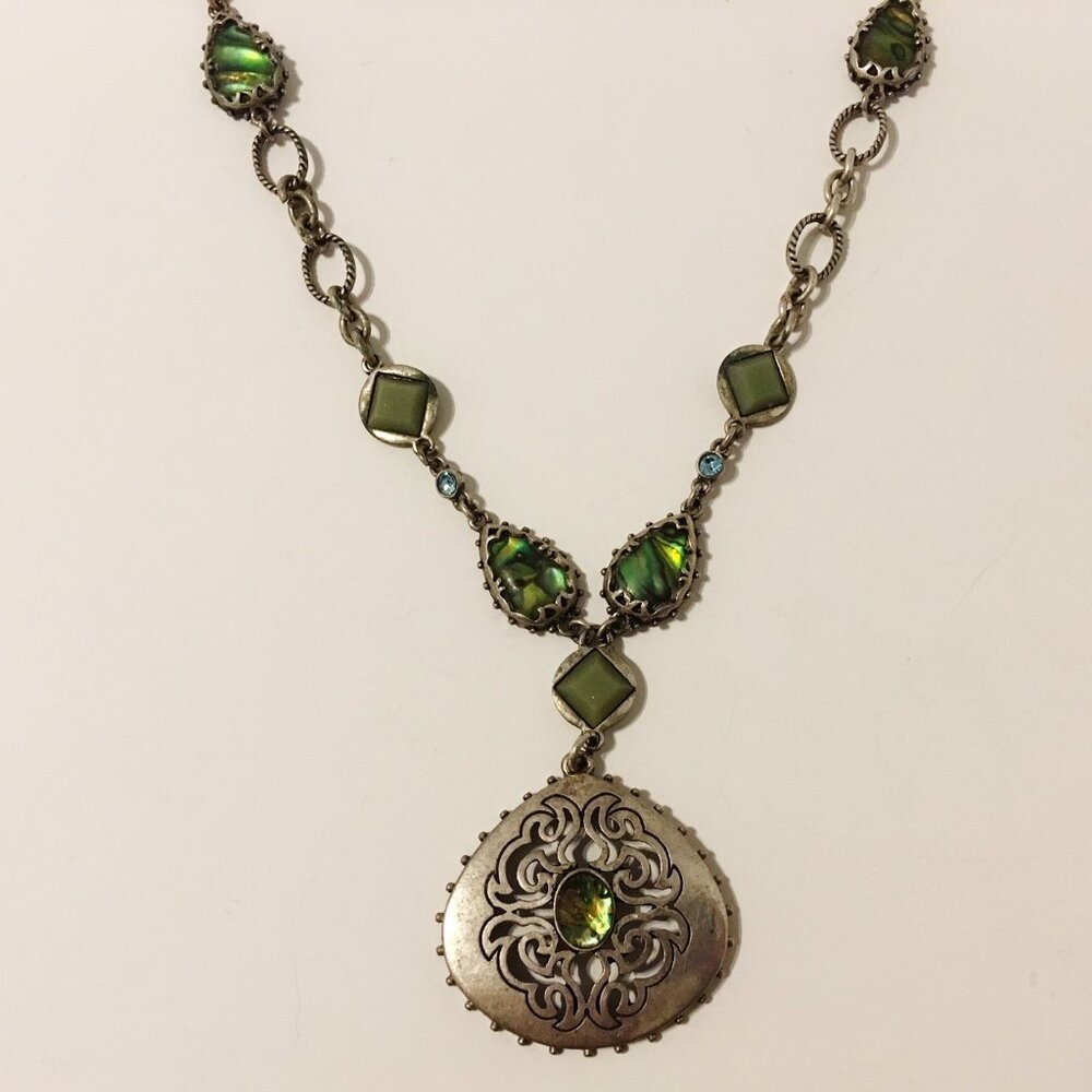 Mother Of Pearl Necklace Chain Blue Green Stones Ornate Silvertone Metal Pendant